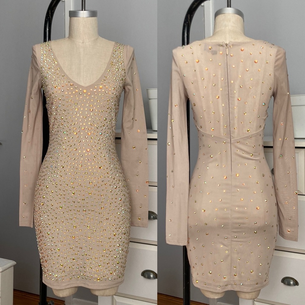 Womens nude mesh long sleeve dress with rhinestone beading in size S.